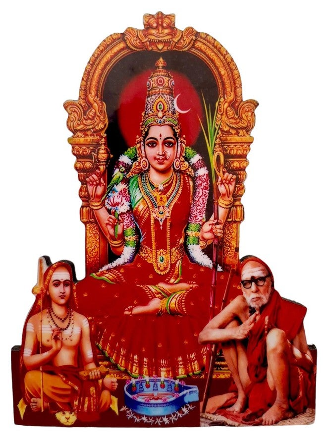 Vils Sri Kanchi Kamakshi,Adhi Sankarar,Maha Periyava Divine Holy Blessing Wood & Plastic Photo Frame Cutout with Backstand for Pooja/Gift- Red Saree (6.5 inch X 8 inch) - Image 1